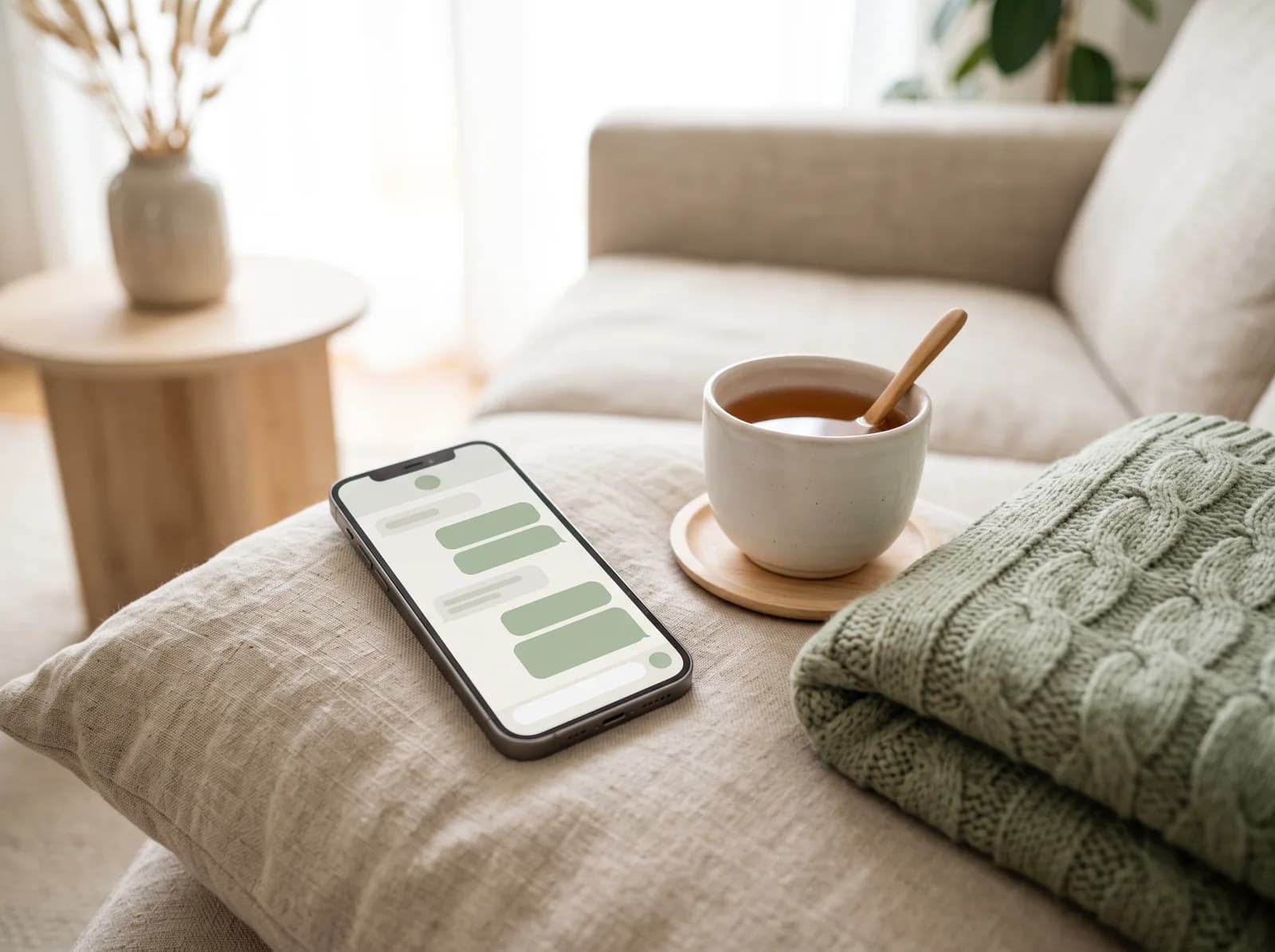 A phone with a care-team message beside a cup of tea